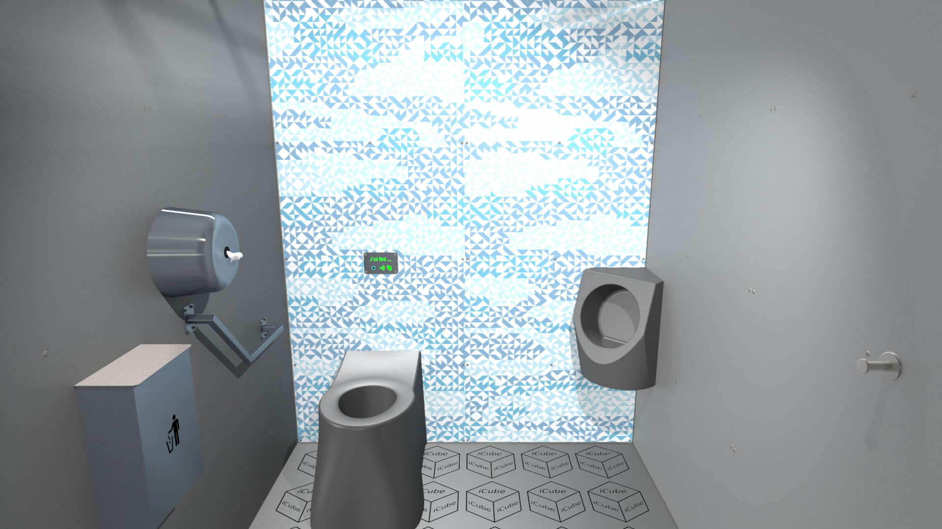 Intérieur des WC publics i Cube® avec le décor tamgram